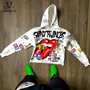 Custom Best Quality Oversized Dtg Printed Hoodies Disstressed Ripped Raw Edge French Terry Y2k Graphic Hoodie For Men