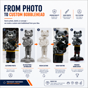 Figura de recuerdo deportiva de resina personalizada de lobo realista con trofeo de campeonato y uniforme de equipo pintado a mano, estilo bobblehead de mascota de hockey. - Product Image 5