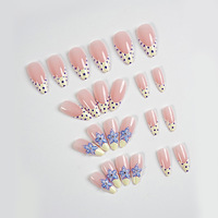 Faux ongles 3D à presser, motif fleur bleue, forme amande moyenne, French manucure nude à pois, avec strass, pour femme, idéal pour l'été