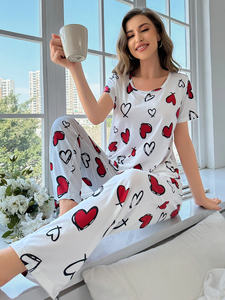 Vente flash Ensemble de pyjama d'été en dentelle pour femmes Respirant Doux Vacances Ensemble de vêtements de nuit à manches courtes Pantalon long Ensemble de vêtements de détente - Product Image 4