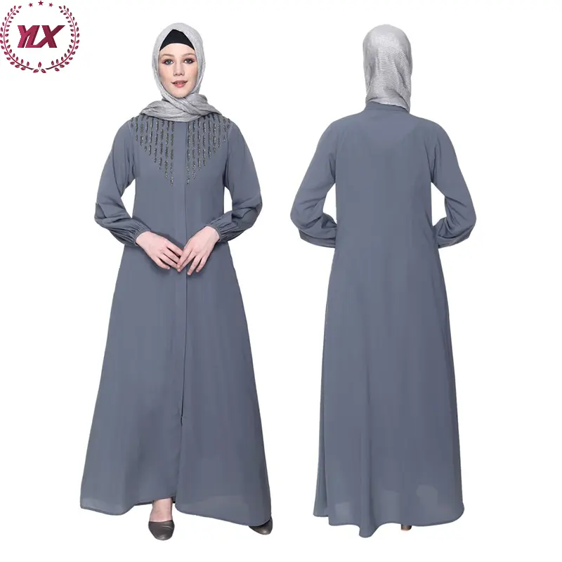 Jubah Muslim mode Modern Abaya Arab wanita lengan panjang Kaftan berkilau manik-manik metalik bordir abu-abu Abaya