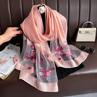 Élégant Châle en Soie Perlée pour Femme, Longue Écharpe en Gaze Brodée Fleurs de Bégonia, Polyvalente Protection Solaire Printemps/Automne