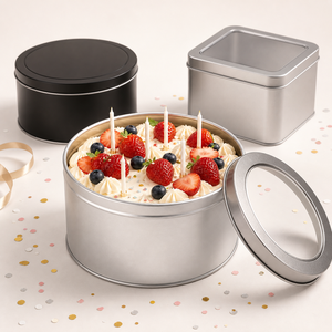 <strong>Celebration</strong> Cake <strong>Tin</strong> Round Metal Container with Window Lid for Party Desserts Silver and black <strong>tins</strong> frame a candle-topped cake - Product Image 1