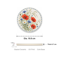 Sous-verre en céramique rond 10,8 cm, motif bouquet de coquelicots, bordure bleue en vigne, impression UV émaillée, base en liège, pour table basse, décoration intérieure, cadeau