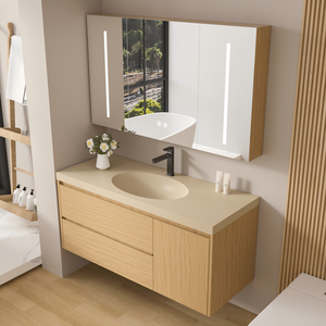 طقم حمام بتصميم خشبي عصري مع حوض من الأكريليك ذو سطح صلب وخزانة خشبية صديقة للبيئة مثبتة على الحائط بملمس دافئ وسهلة التنظيف - Product Image 3