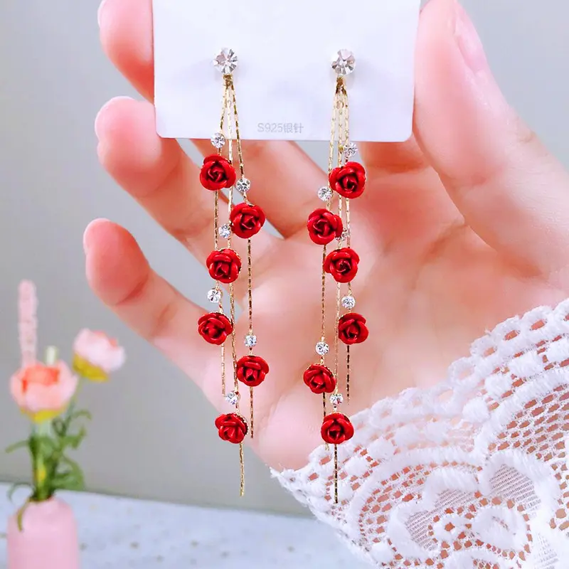 Màu đỏ và màu tím tua kim cương Rose Flower Stud Bông tai cho phụ nữ thả bông tai với Zircon đồ trang sức bông tai