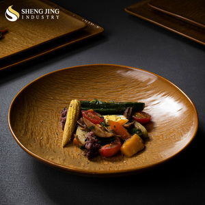 Village Rustic <strong>Wood</strong> Appearance Design 7" 9" 11" Round Ceramic Gold Galzed Deep Dish Dinner <strong>Plate</strong> - Product Image 2