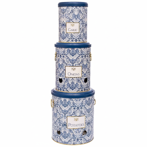 Ensemble de 3 bacs à légumes en métal Kontensan pour pommes de terre, oignons et ail, motif décoratif bleu et blanc inspiré des azulejos - Product Image 2