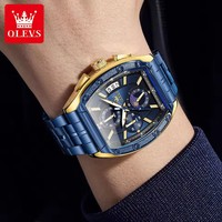 OLEVS 3661 Montre originale à quartz pour homme Cadran tonneau Étanche Aiguilles lumineuses Acier inoxydable Phase de lune Chronographe Montres pour homme