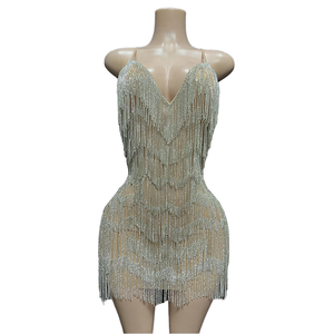Vestido <span class=keywords><strong>de</strong></span> Noche <span class=keywords><strong>de</strong></span> Lujo para Mujer, Estilo A-Line con Cintura Impero, Escote en V Profundo, Adornado con Pedrería y Flecos, Ideal para Fiestas y Discotecas, Colección <span class=keywords><strong>2022</strong></span> - Product Image 1