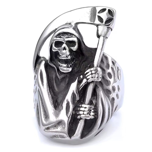 ZhuQian Vintage <span class=keywords><strong>Retro</strong></span> Punk Silberbeschichtete Legierung Breite Ringe Herren Sensenmann-Sensenmesser Dominanter Totenkopf Hip Hop Zirkon Einzigartiger Schmuck - Product Image 6