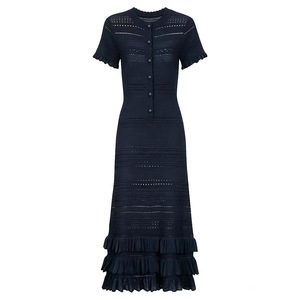 <span class=keywords><strong>Robe</strong></span> longue trapèze en maille unie pour <span class=keywords><strong>femme</strong></span>, col rond, <span class=keywords><strong>manches</strong></span> <span class=keywords><strong>courtes</strong></span>, ourlet à volants, design ajouré, qualité supérieure, collection <span class=keywords><strong>été</strong></span> - Product Image 2