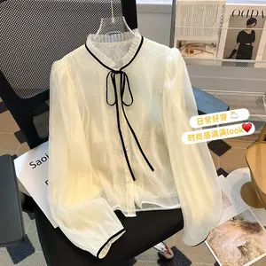 2023 automne nouveau Super ample nœud Blouses femmes Vintage à manches longues dentelle mousseline de soie chemises dames décontracté hauts vêtements