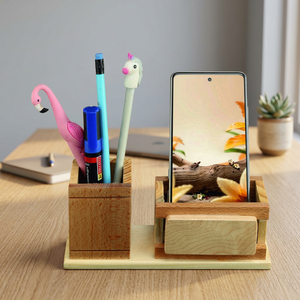 Organizador de escritorio de bambú con soporte para teléfono y portalápices, regalo de oficina multifunción, estilo lindo, hecho a mano - Product Image 3