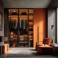Système de dressing encastré pour chambre à coucher, orange brûlé, MDF, portes battantes, étagères réglables en noyer avec éclairage LED, design moderne et luxueux, du sol au plafond