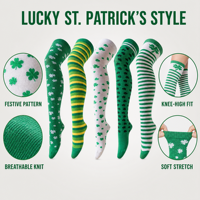 Vente en gros de bas de cuisse pour femmes, motif trèfle de la Saint-Patrick, rayés, tricotés, au-dessus du genou, OEM, marque privée, design personnalisé