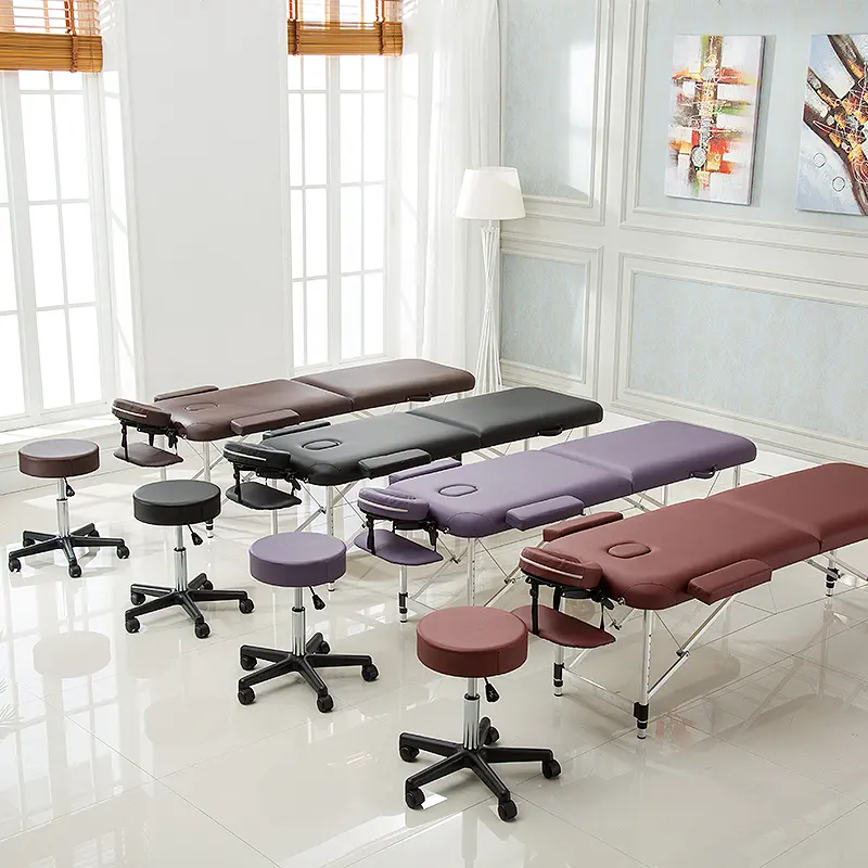 Portable Folding Leather & Metal Massage Table Cosmetic Beauty Chair with Parallel Bars for Spa Hotel & Gym Use