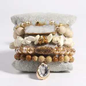 New chip stone crystal glass beads natural gemstone bead bracelet set white druzy stack bracelet set