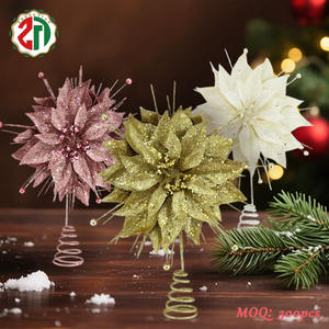 مخصص متعدد الألوان البلاستيك الذهب بريق البونسيتة الزهور + إبرة الصنوبر أعلى الزهور الربيع قاعدة شجرة عيد الميلاد زخرفة القمة - Product Image 1