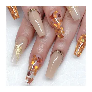 High Quality Long Press On Coffin Nails Transparent Tips Through Gold Leaf Collocation Nude Nails Handmade Jewel Press On Nails