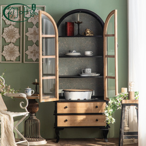 French Style Solid Wood Arched Cabinet With Glass Doors And Drawers Living Room Storage <b>Sideboard</b> - Product Image 3