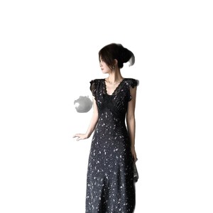 Vestido de Gasa con Estampado Floral y Encaje Negro Estilo Francés, Cuello en V, Largo hasta el Suelo, Cintura Natural, Elegante, Corte en A, para Club - Product Image 5