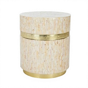 Ivory Mosaic Inlay Round <b>Side</b> <b>Table</b> <b>Gold</b> Tone Band Handcrafted Drum End <b>Table</b> Luxury Accent <b>Table</b> Designer Living Room Furniture - Product Image 1