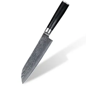 大马士革圣托库厨师刀7英寸刀片从67层大马士革非常锋利，配有帕克卡木手柄