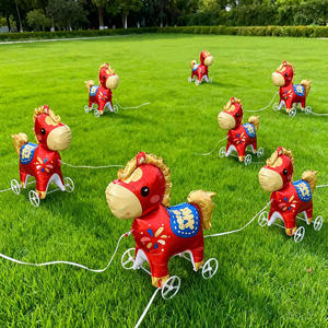 Ballon en aluminium 3D en forme de poney de dessin animé rouge à roues, pour le Nouvel An du Cheval du Zodiaque, pour enfants, à pousser au sol, cadeau - Product Image 1