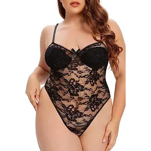 Artı boyutu kadınlar için Teddy, seksi çiçek dantel Bodysuit iç çamaşırı yumuşak şeffaf tek parça pijama