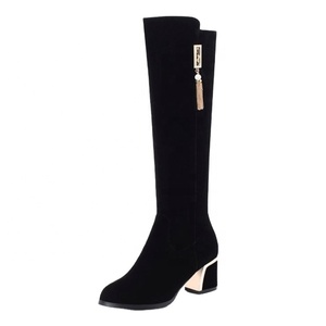 New Women's Autumn/Winter Knee-High Boots with ZIP Closure and PU <b>Insole</b> Thick Stiletto Heel Black - Product Image 1