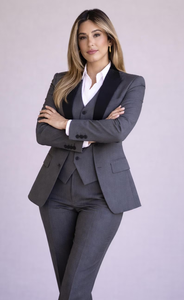 Ensemble de costume trois pièces gris anthracite pour femme, blazer cintré à revers de smoking avec gilet assorti et pantalon coupe slim - Product Image 5