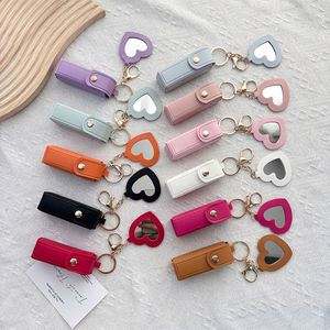 Women Keychain Holder Portable Leather <b>Lipstick</b> Bag Makeup Pouch Lip Balm Bag <b>Lipsticks</b> Protective Cover With Mirror - Product Image 3
