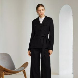 Elegante Completo da Donna <span class=keywords><strong>in</strong></span> Lana Nera <span class=keywords><strong>con</strong></span> <span class=keywords><strong>Cintura</strong></span>, Blazer Casual da Abbinare <span class=keywords><strong>con</strong></span> Pantaloni a Gamba Larga - Product Image 3