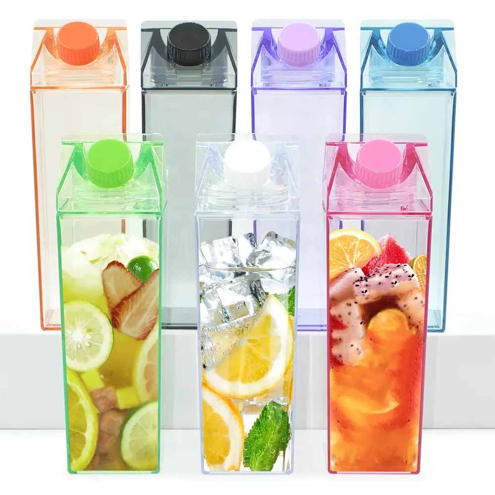 Garrafa plástica livre de Bpa 500ml 1000ml para suco, caixa quadrada de acrílico transparente, garrafa para leite e água