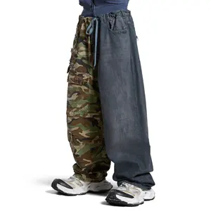 Custom Baggy Jeans for Men Dark Camo Hybrid Loose Pants in Dark Blue Organic Dark Green Cotton Ripstop Color Match Street Trend