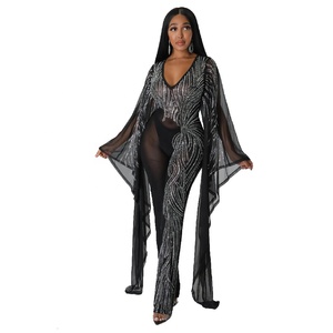 Combinaison en maille transparente diamant pour <span class=keywords><strong>femme</strong></span>, combinaison moulante à manches longues, Sexy, soirée, une pièce - Product Image 5