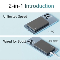 Chargeur sans fil rapide magnétique 2-en-1 portable, ultra-fin, 5000 mAh, 10 W/15 W/20 W, entrée Type-C, best-seller