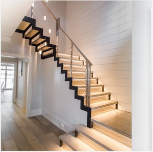 Escalera <span class=keywords><strong>de</strong></span> <span class=keywords><strong>Madera</strong></span> Maciza <span class=keywords><strong>de</strong></span> Estilo Moderno Personalizada para el Hogar con Luz LED y Barandilla <span class=keywords><strong>de</strong></span> Vidrio Templado - Product Image 6