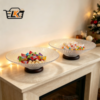 Hittebestendige glazen fruitschaal serveerplateau set met houten onderstellen, geribbelde presentatieschalen voor feesttafels