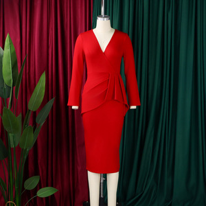 Ultimo Modello di Abito Casual Autunnale con Scollo a V, Maniche Lunghe e Arricciature, Elegante Vestito da Ufficio per <span class=keywords><strong>Donne</strong></span> Africane - Product Image 5