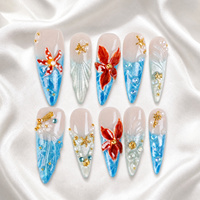 Ongles à presser de luxe bleus, forme stiletto, longs, avec paillettes, effet ombré, fleurs, coquillages et perles, 10 pièces, couverture complète pour ongles à presser