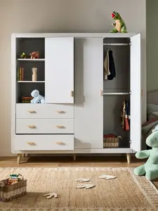 ตู้เสื้อผ้าไม้สีขาวทันสมัย 3 ลิ้นชัก 3 บานประตู พร้อมชั้นวางของแบบเปิด 3 ชั้น ดีไซน์ขอบโค้ง ตู้เสื้อผ้าเด็กสำหรับเฟอร์นิเจอร์ห้องนอน - Product Image 2