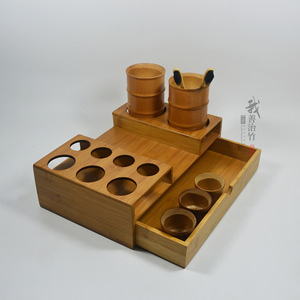 Bamboo Bathroom Organizer Set With Drawer Toothbrush Holder Cups Eco Friendly Rectangular Freestanding 18 In Width - Product Image 2