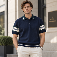 Polo en tricot rétro pour homme, bleu marine, manches courtes, avec rayures contrastées