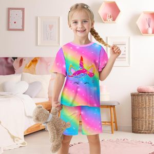 Girls Pajamas Sets Colorful <strong>Unicorn</strong> Tie Dye Summer Pajamas 2 Piece Short Sleeve Indoor Custom Pajama Set - Product Image 4