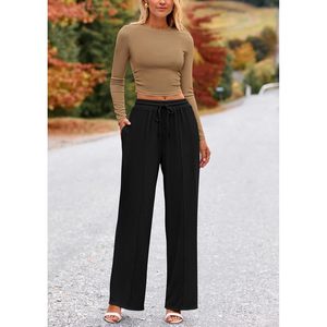 Conjunto de 2 Piezas para Mujer FOXA, Top Corto de Manga Larga y Pantalones Anchos, Conjunto Combinado de Tela Acanalada para Primavera y Otoño - Product Image 4