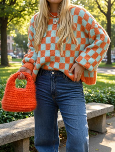 <span class=keywords><strong>Pull</strong></span> en tricot à carreaux pour <span class=keywords><strong>femme</strong></span>, col rond oversize, <span class=keywords><strong>pull</strong></span> moelleux décontracté pour tous les jours, tricoté à la machine, accepte la personnalisation - Product Image 1