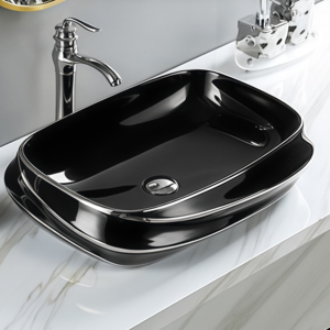 Lavabo da Appoggio in Ceramica Nera Lucida con Bordo Argento Avant-Garde, Lavandino Artistico per Bagno - Product Image 1