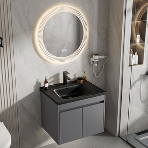 <span class=keywords><strong>Meuble</strong></span>-<span class=keywords><strong>lavabo</strong></span> mural pour projet hôtelier, en aluminium étanche, avec vasque noire, miroir LED rond et unité latérale - Product Image 2